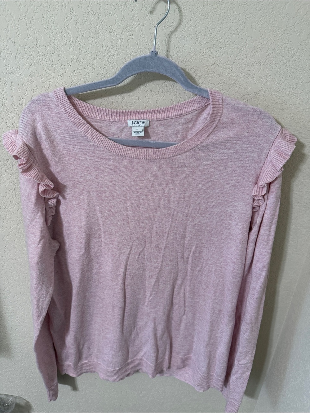 J. Crew Light Pink Ruffle Shoulder Long Sleeve Sweater